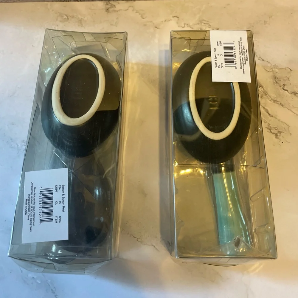 Set Of 2 Retro Spoon & Spoon Rest Crackle Finish Blue & Green NIB